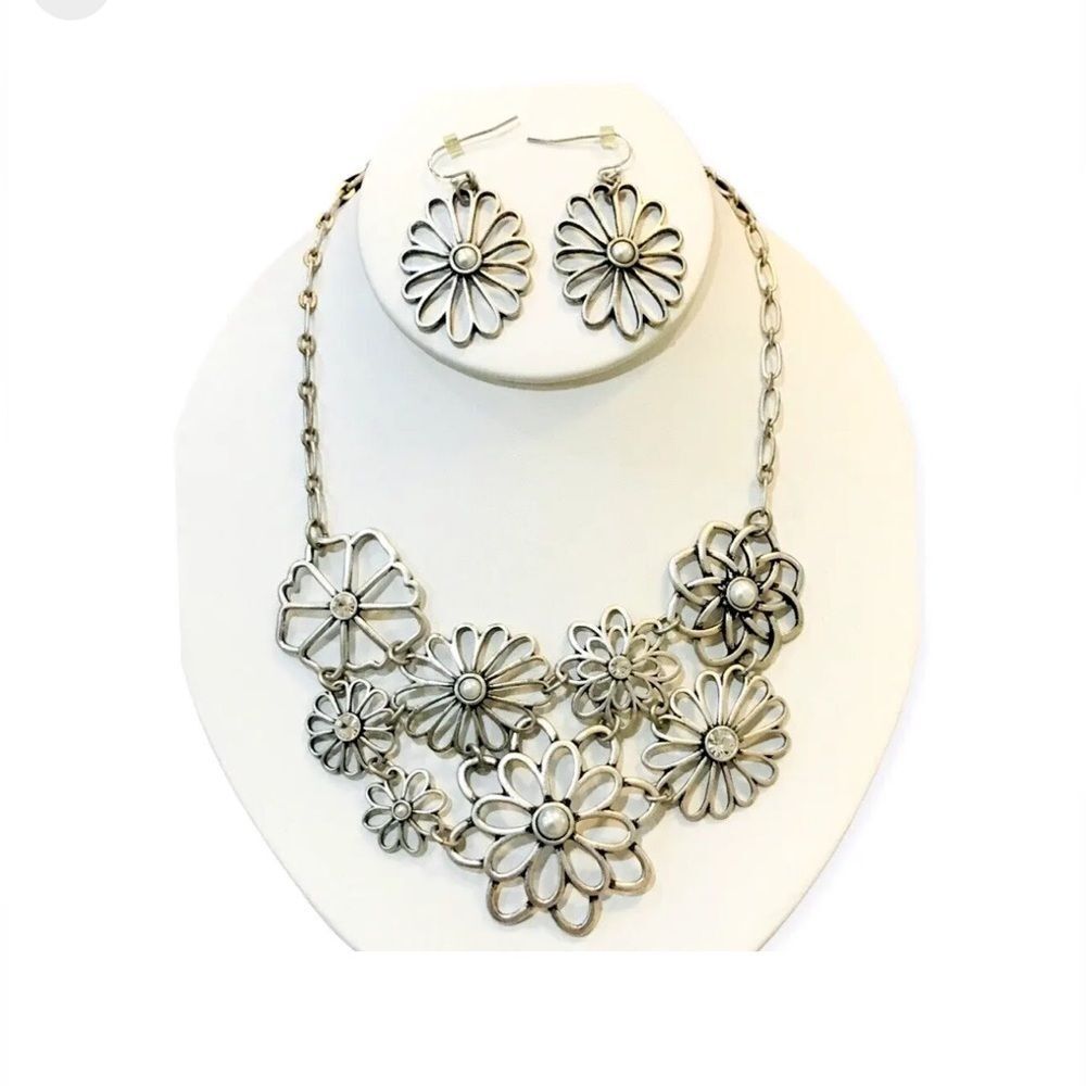 Lia Sophia Bouquet Matte Silver, Crystals, Floral Cluster Necklace & Earrings
